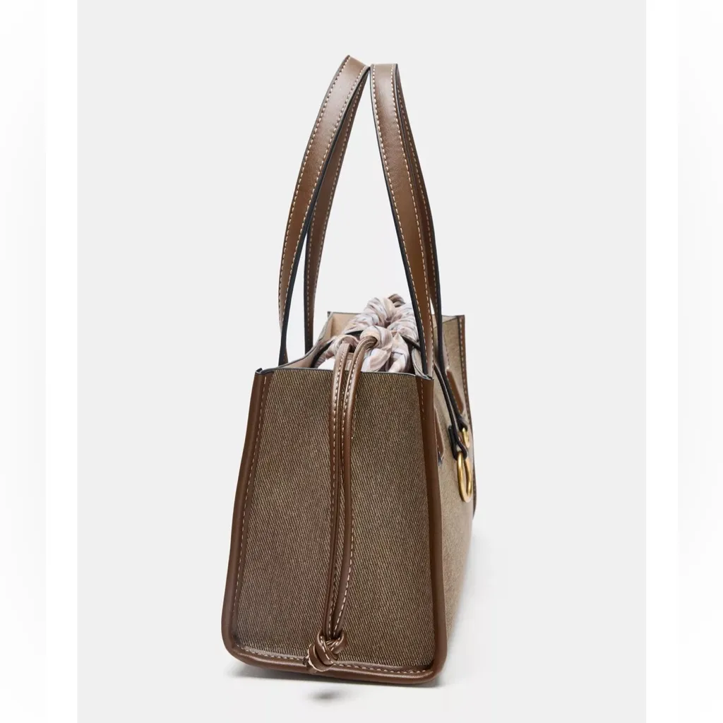 Zara NWT tan brown and taupe woven fabric shopper handbag top handle purse - Image 4
