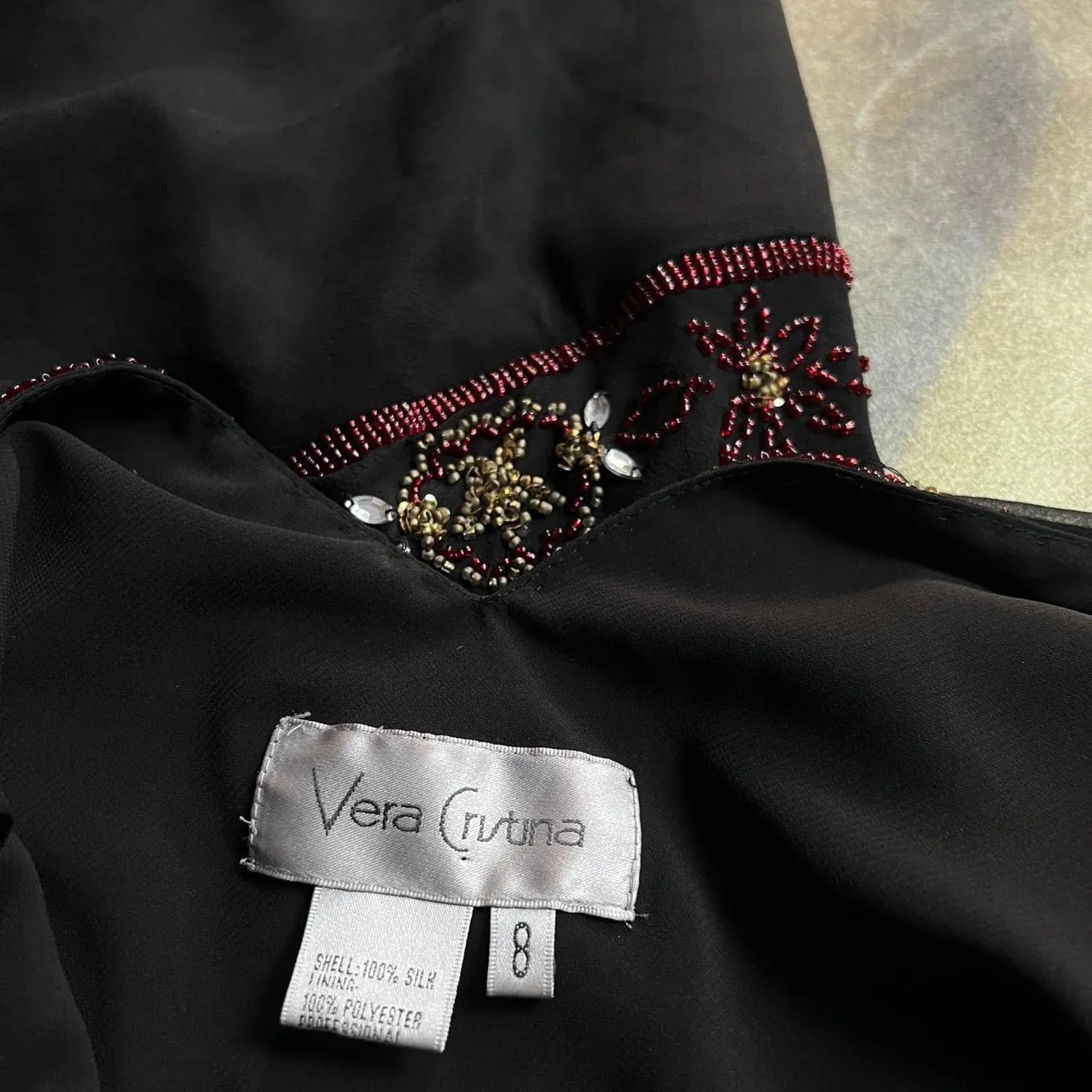 Vintage Black Beaded Silk Midi Dress By Vera Cristina Size 8 - Image 3