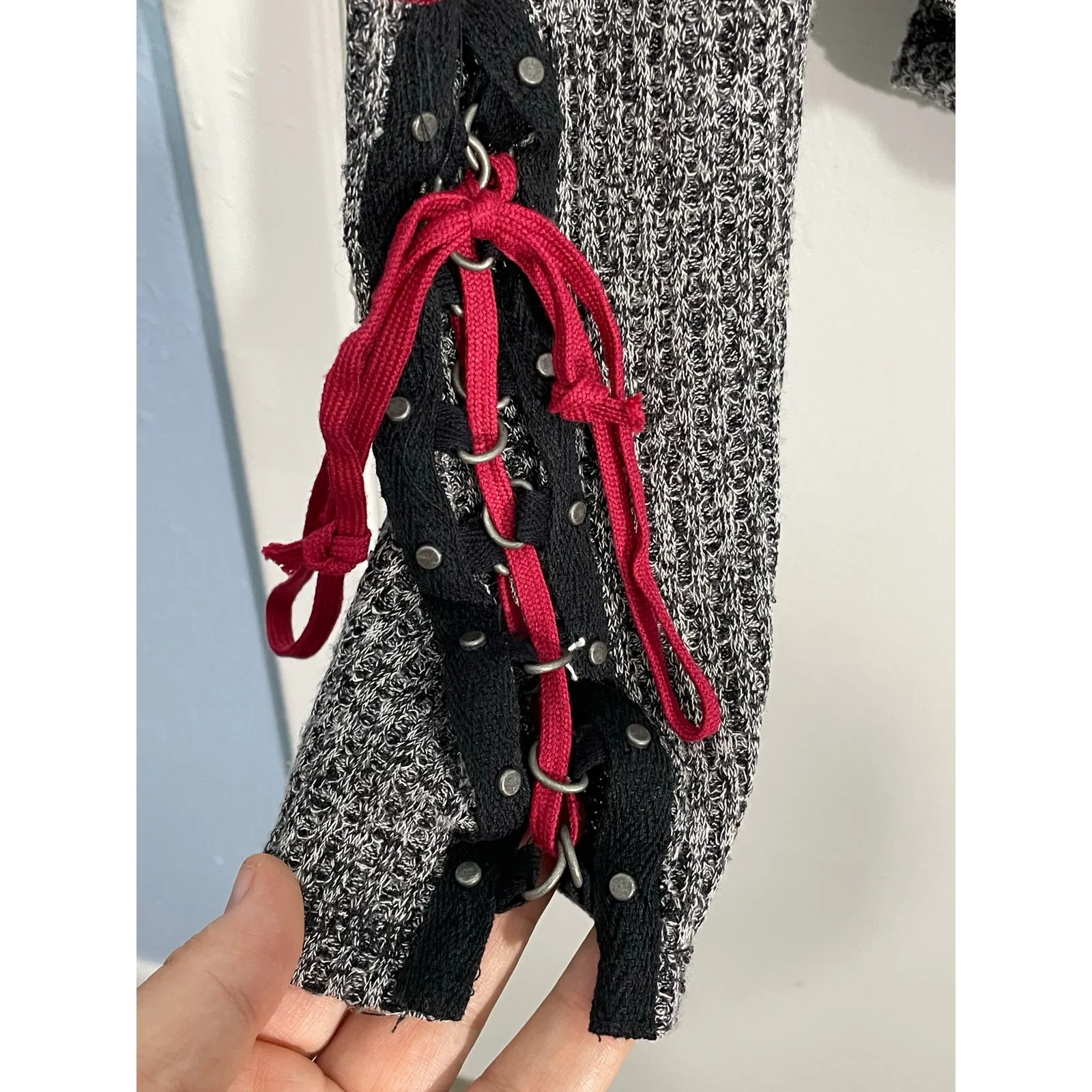 Free People Thermal Sweater Medium Gray Lace Up Sleeves Whimysgoth Cyber Grunge - Image 6