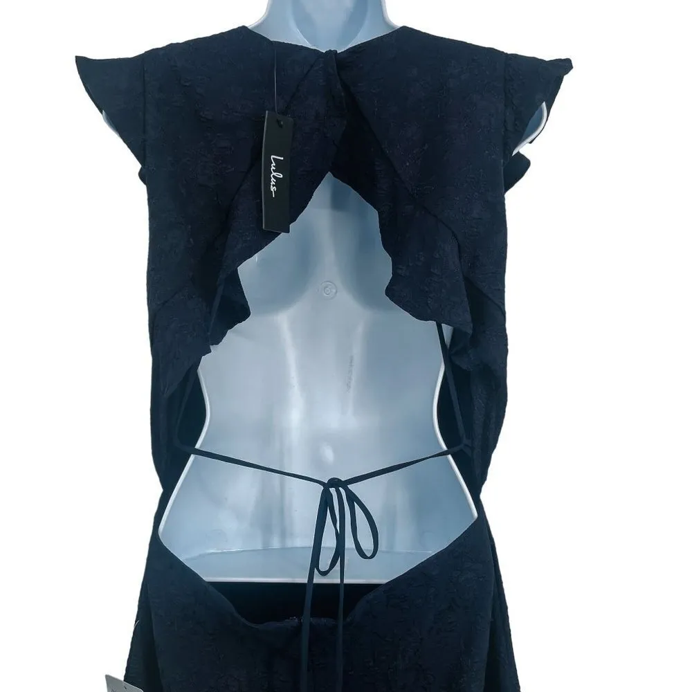 Lulu's Jacquard Sophisticated Soiree Navy Blue High Low Open Back Ruffles - Image 8