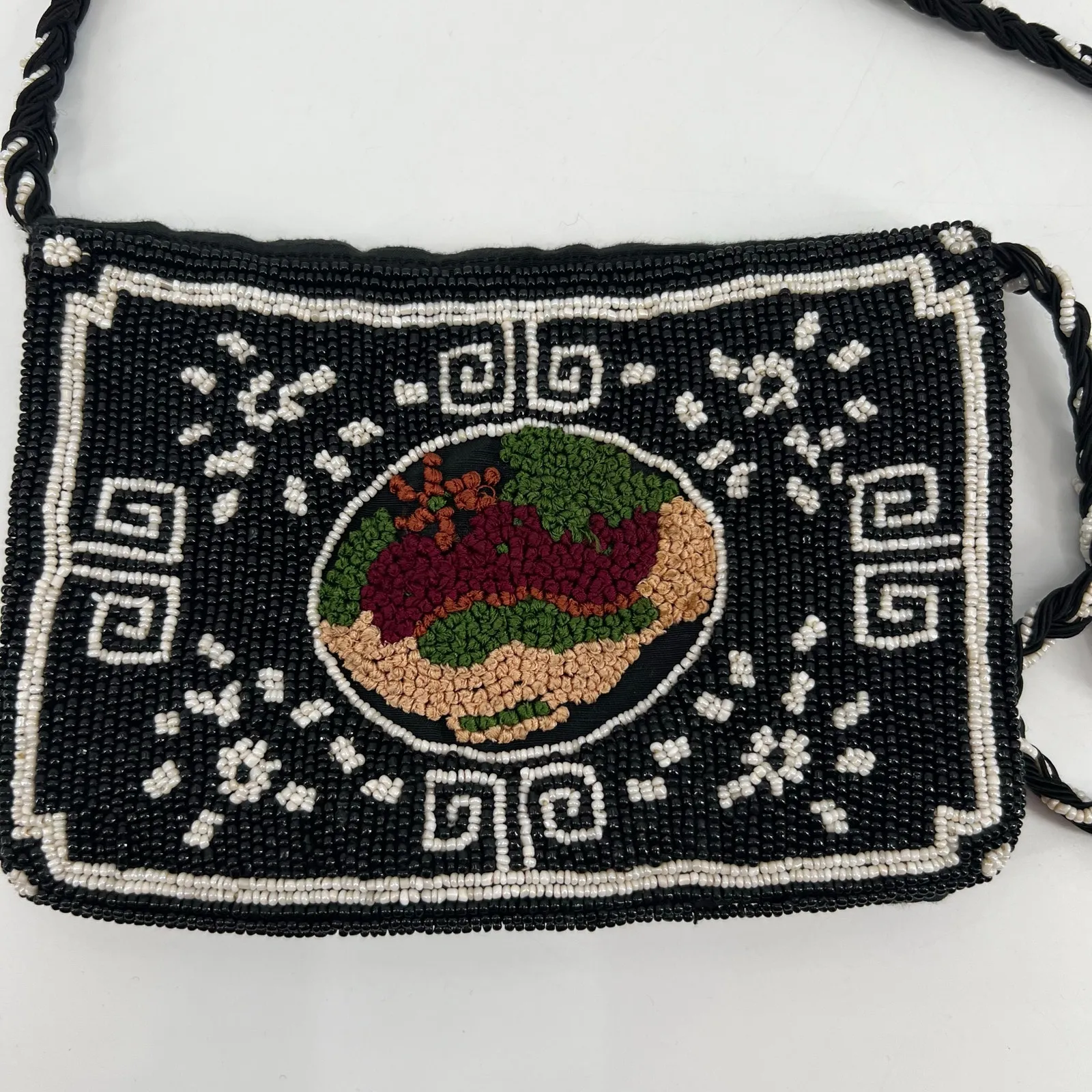 Vintage seed beaded cross body black boho neutral prairie handbag purse applique - Image 7