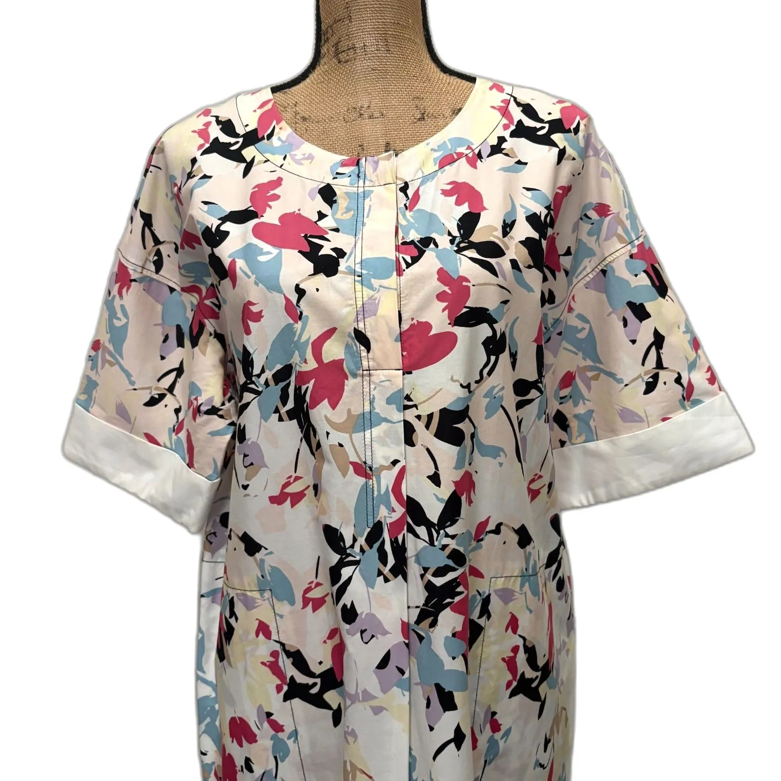 Donna Karan Floral White Cotton‎ Shift Dress Pockets Garden Party Size Medium - Image 2