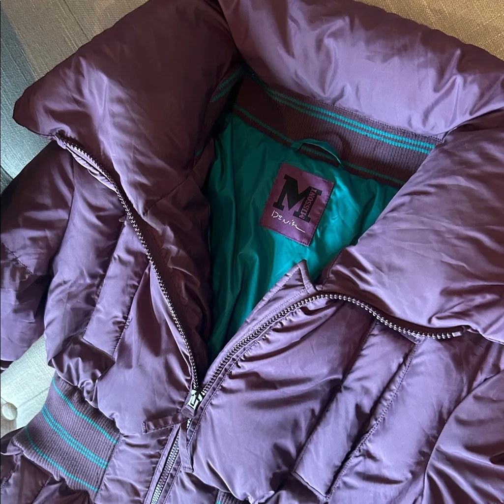 Missoni Denim Purple/ Teal Cinched Waist Puffer Jacket Size 6 - Image 5