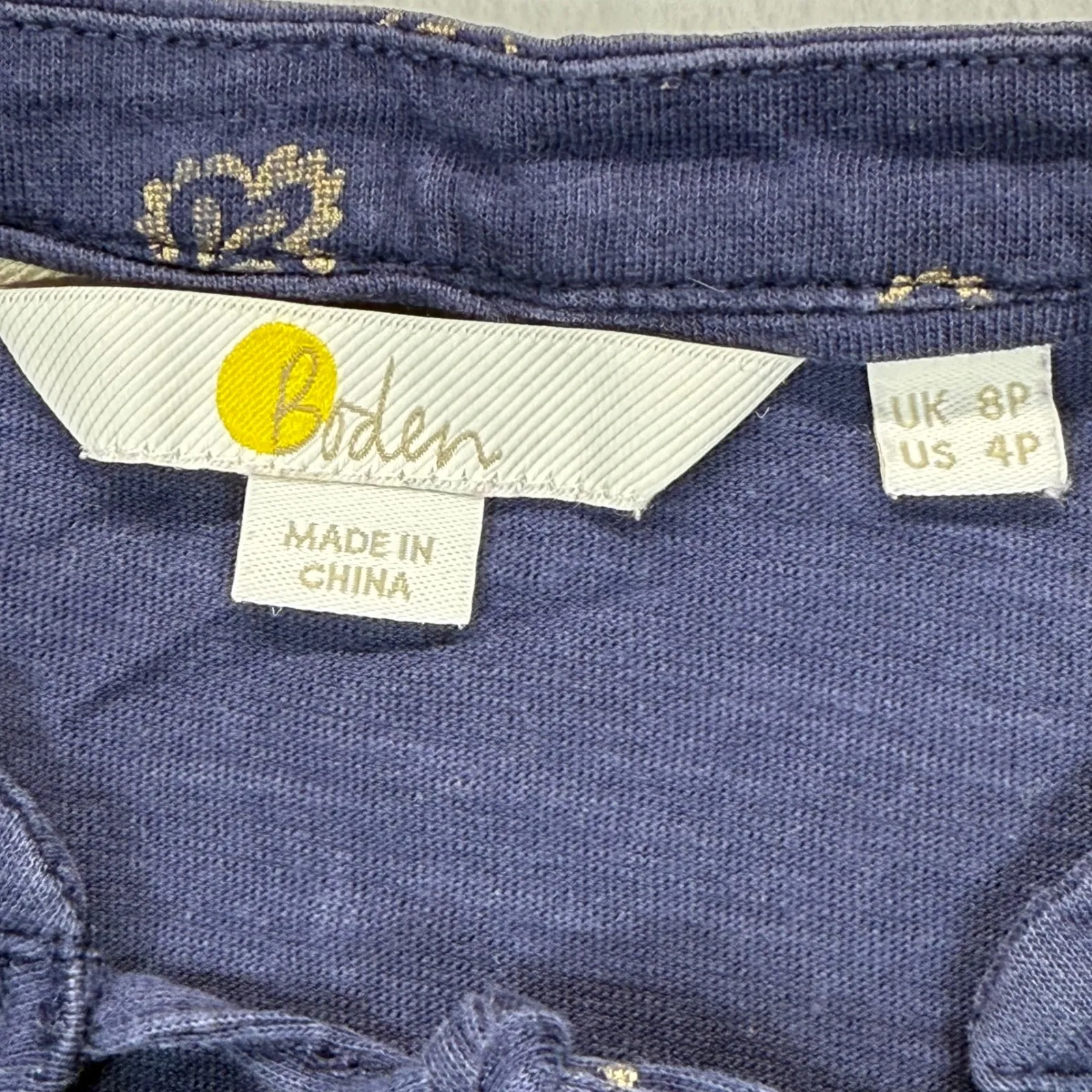 Boden Tunic Top Gold Paisley Print Ruffle Trim‎ Tie Neck 3/4 Sleeve US 4P Blue - Image 4