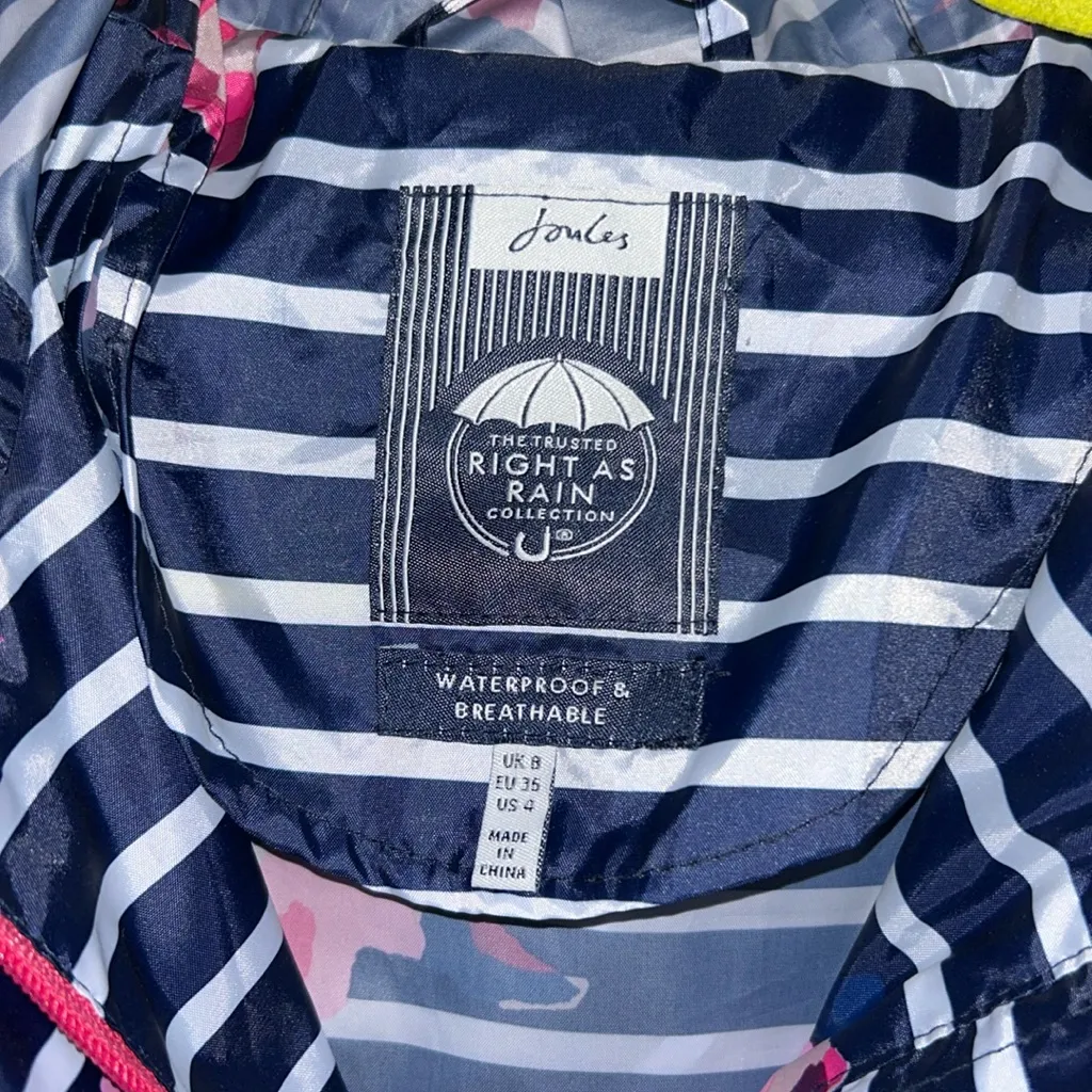 Joules Women’s Navy Blue White‎ Stripe with Pink Flowers Rain Coat Jacket Sz 4 - Image 6