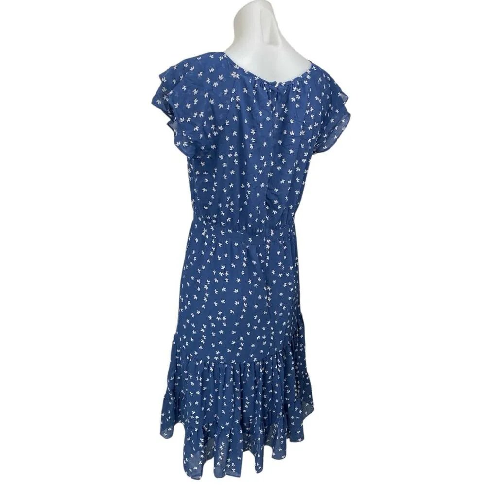 J.Crew Blue Floral Short Flutter Sleeve Ruffle Tiered Zip Midi A Line Dress Sz 4 - Image 2