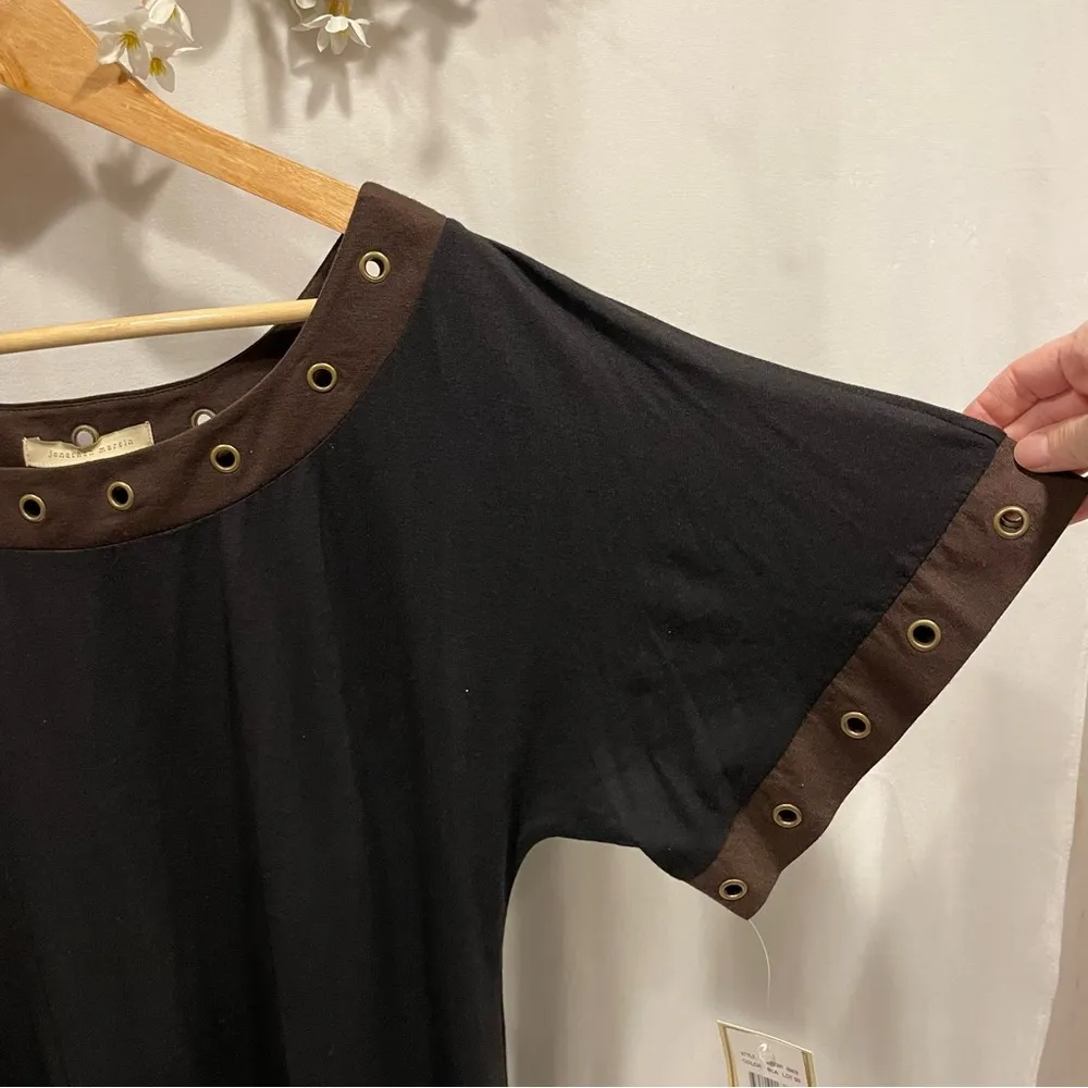 Y2K NWY flowy drop waist grommet hole trim short sleeve mini dress black brown - Image 8