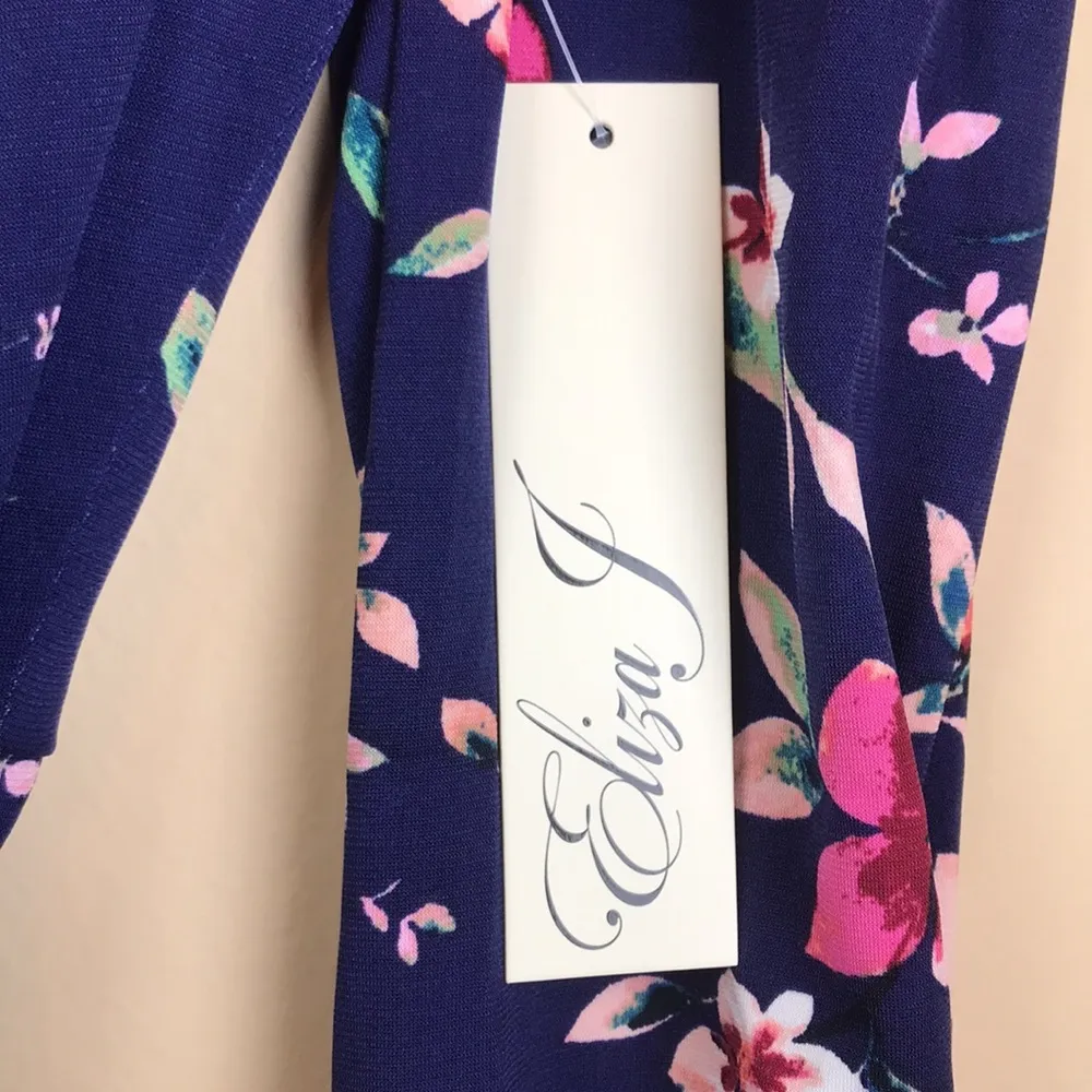 NWT Eliza J Women’s Floral Navy Blue Puff Sleeve Waist Tie Leg Slit Long Dress - Image 10