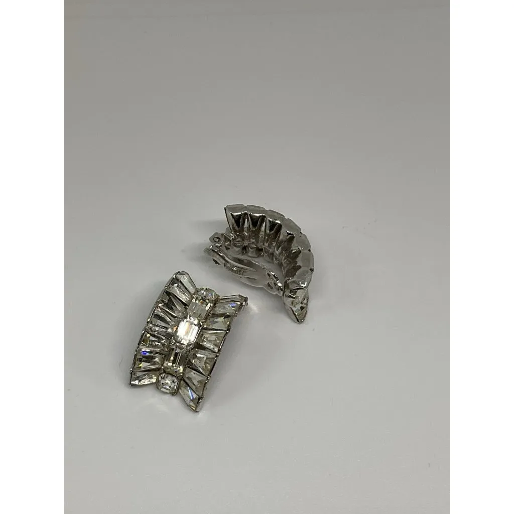 Vintage Clear Rhinestone Earrings Clip On Baguette‎ Valentines Wedding Bling 1" Silver - Image 4