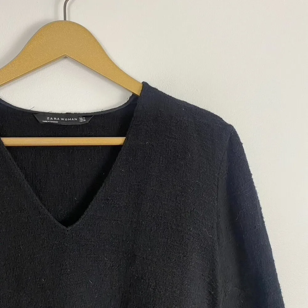 Zara Woman Black Distressed Fringe Bell Sleeve Sweater - Image 6