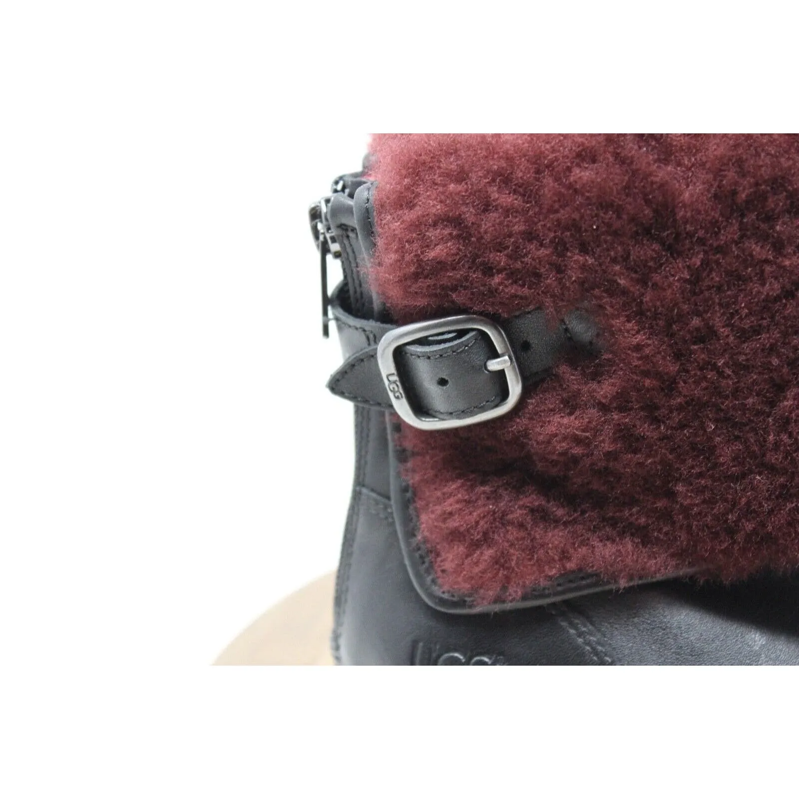 UGG Australia Women's Black Leather Burgundy Sheepskin Foldover Boots‎ Size 7.5 - Image 3