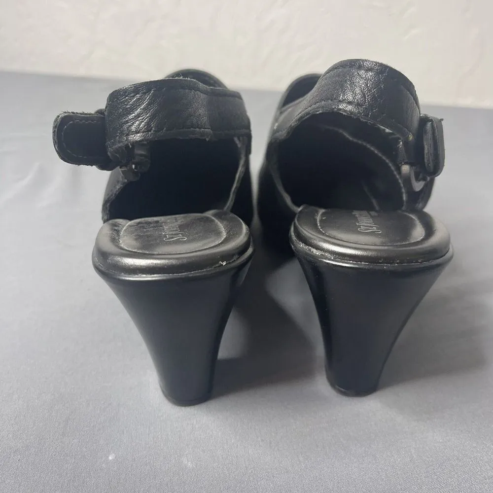 St Johns Bay Shoes Womens 8.5 M Heels Clogs Mules Buckle Black Leather - Image 7