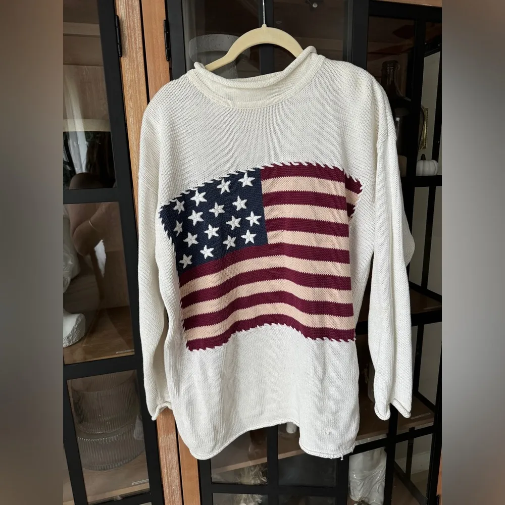 Vintage 90s USA Flag Knit Mockneck Sweater County Seat Patriotic embroidered White - Image 10