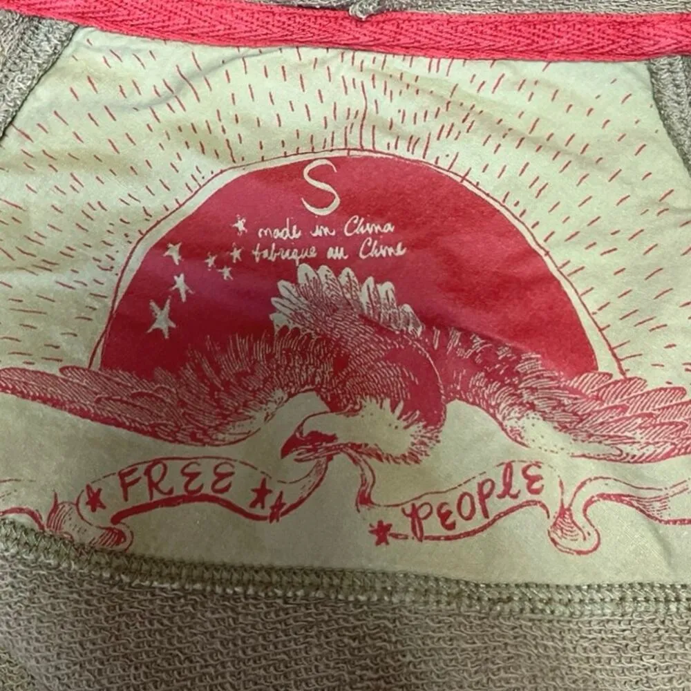 Free People Olive Green Stretch Deep V Neck Faux Wrap Hoodie Sweatshirt Top Sz S - Image 3