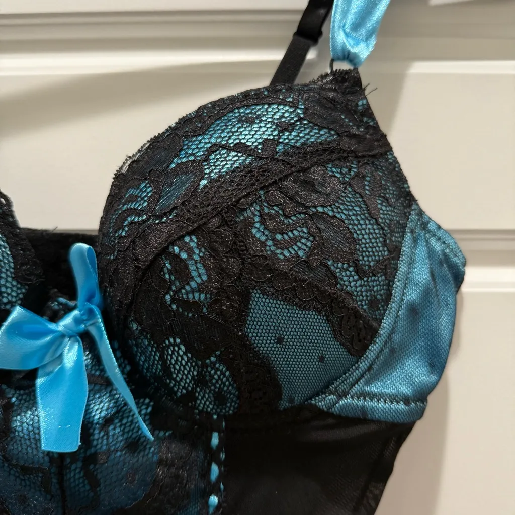 Icollection Black and Blue Lace Bow Lingerie Dress Intimate Seductive Medium - Image 4