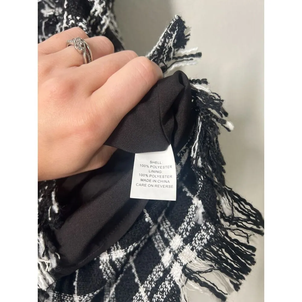 WD.NY Black White Plaid Tweed Fringe Skirt Womens Sz L Academia Preppy Career Size L - Image 5