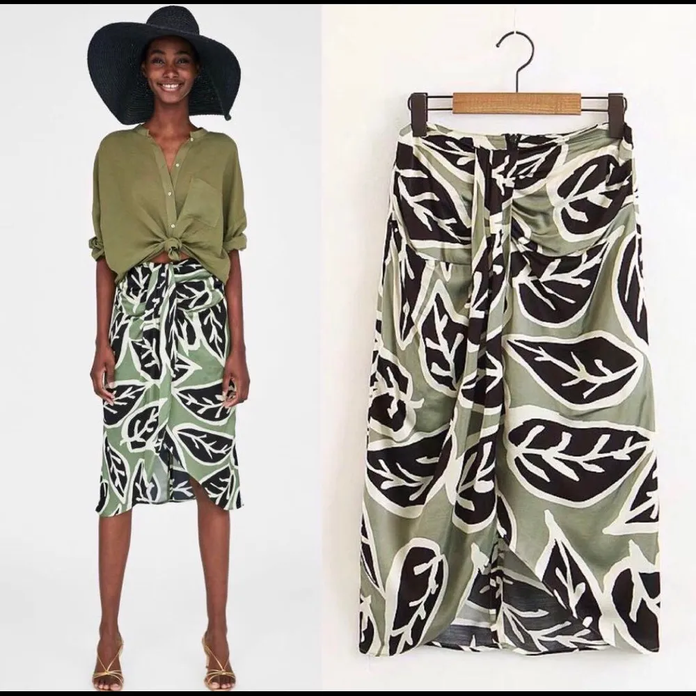 Zara Green Leaf Print Midi Skirt Pencil Faux Wrap High Waist XS - Image 3
