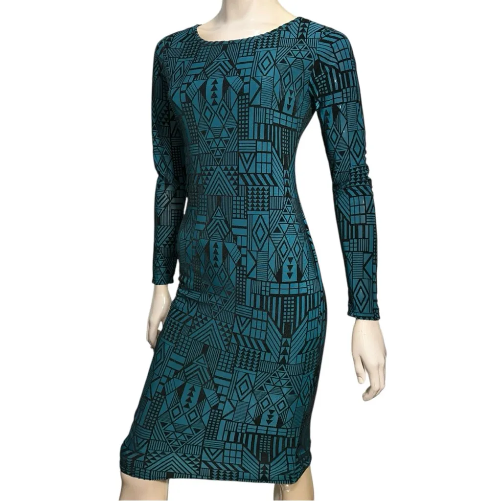 Anthropologie Sans Souci M Teal Green Blue Black Abstract Body Con Midi Dress - Image 2