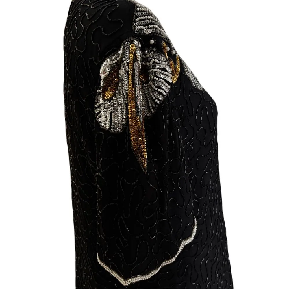 Laurence Kazar Black Beaded & Sequin Top | Silver & Gold Detail | Size M - Image 9