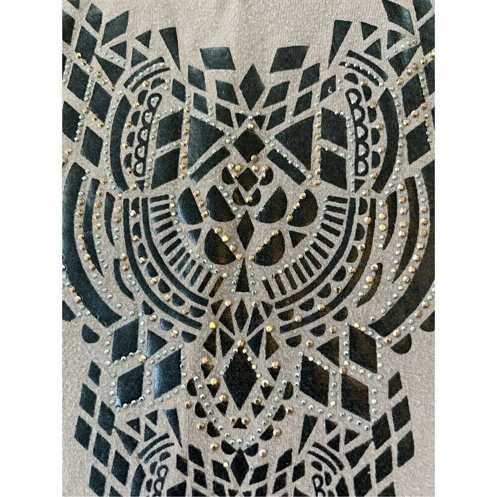 B.L.E.U. Tan Black Studded Long Tank Top w Faux Leather Shoulders Small - Image 6