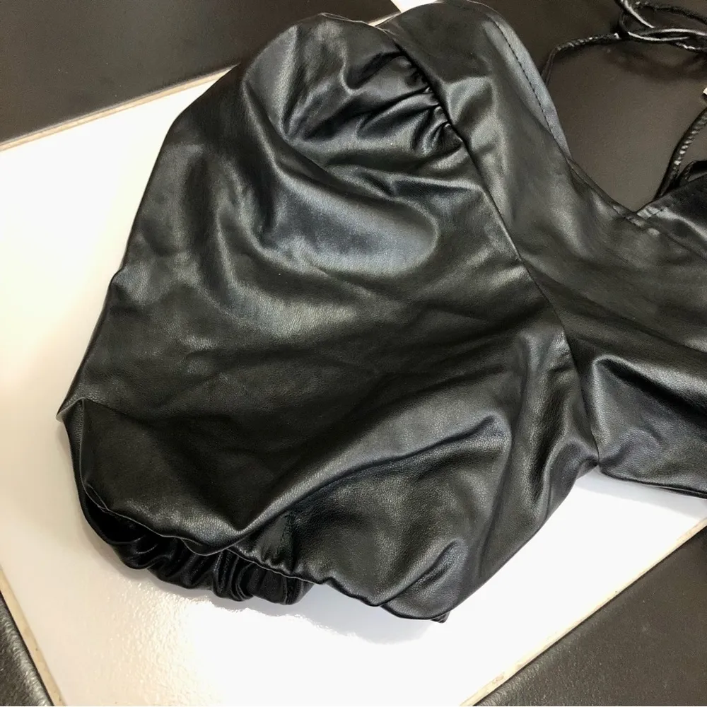 NWT Avantlook Faux Leather Mini Dress Square Neckline Puffy Sleeves Sexy Goth L - Image 9