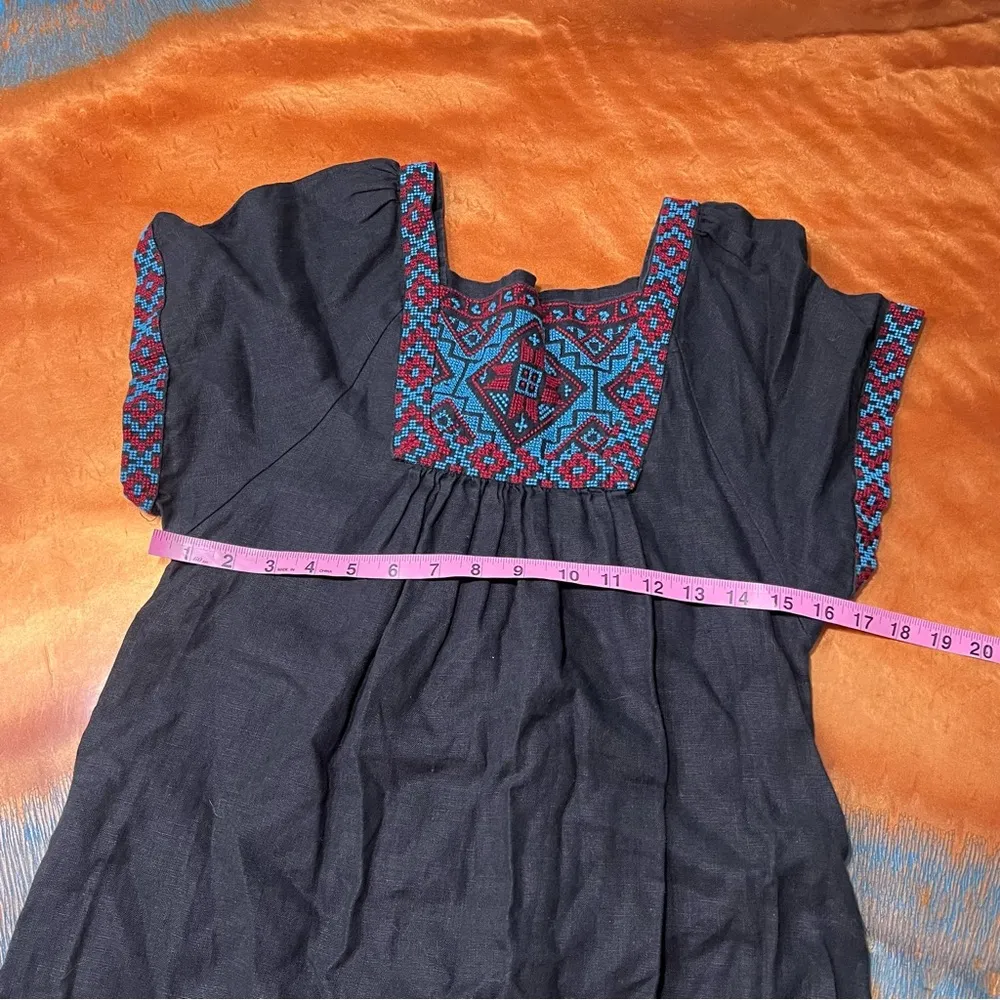 Madewell Black 100% Linen Embroidered Wander Mini Dress Black small blue red - Image 10