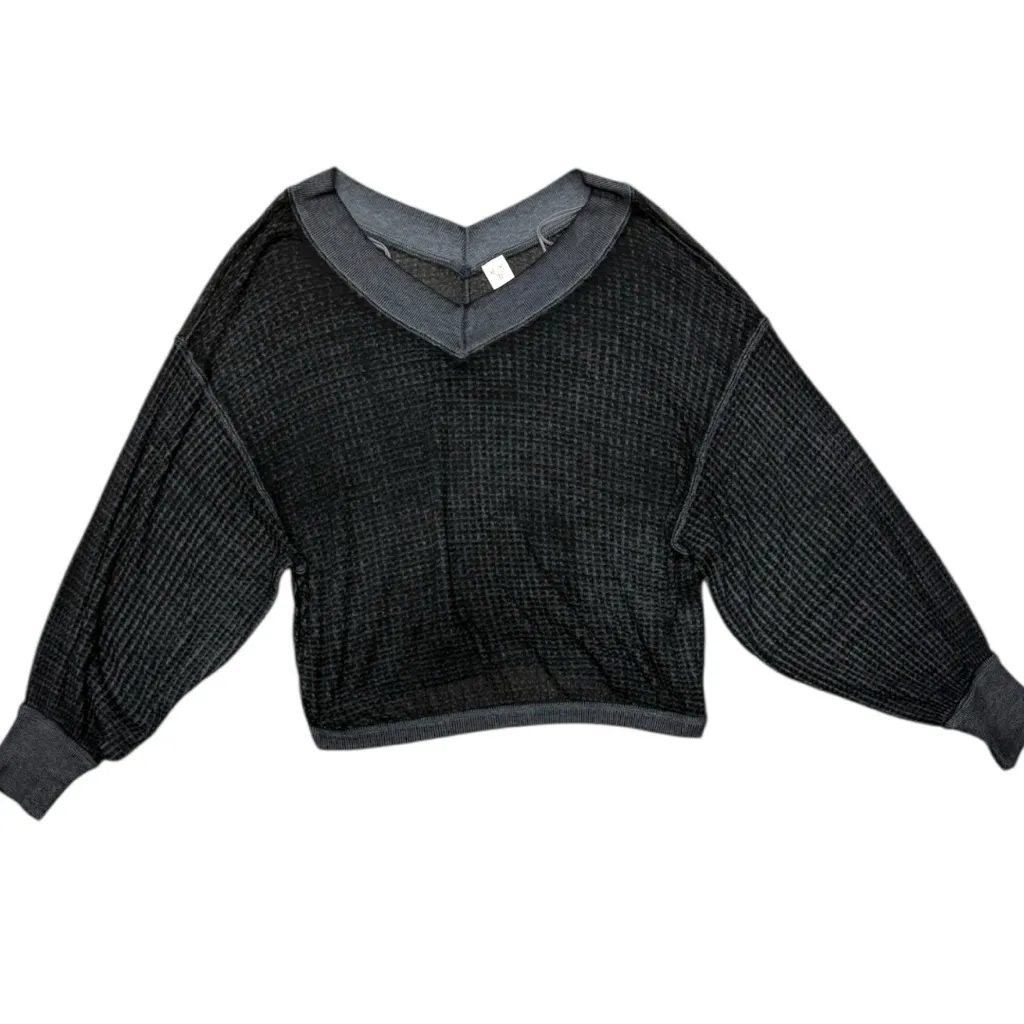 Free People We The Free South Side Thermal Top Black Waffle Knit Oversized XS - Image 11