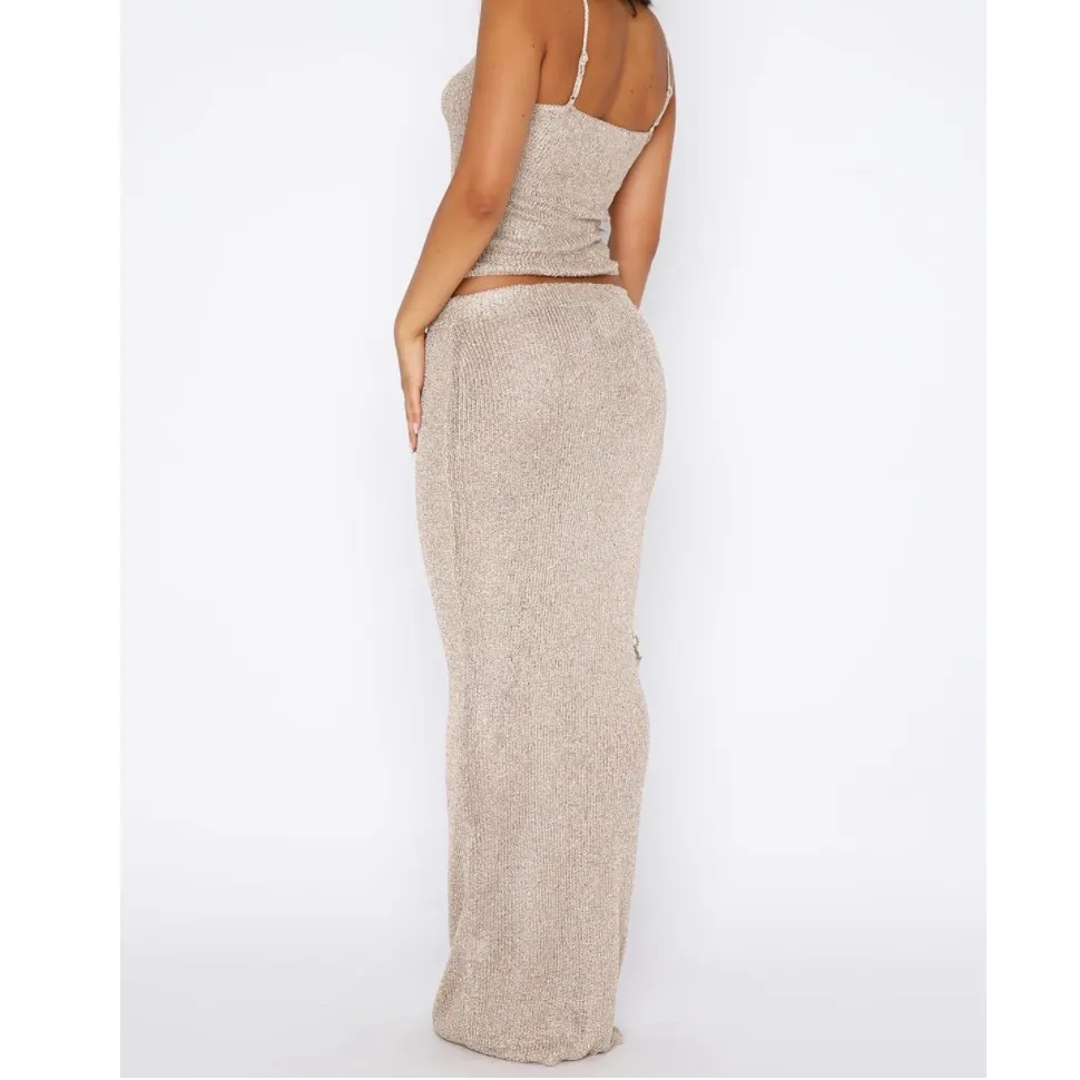 NWOT Two Piece Spaghetti Strap Cami Top & Bodycon Maxi Skirt Set Medium Tan - Image 3