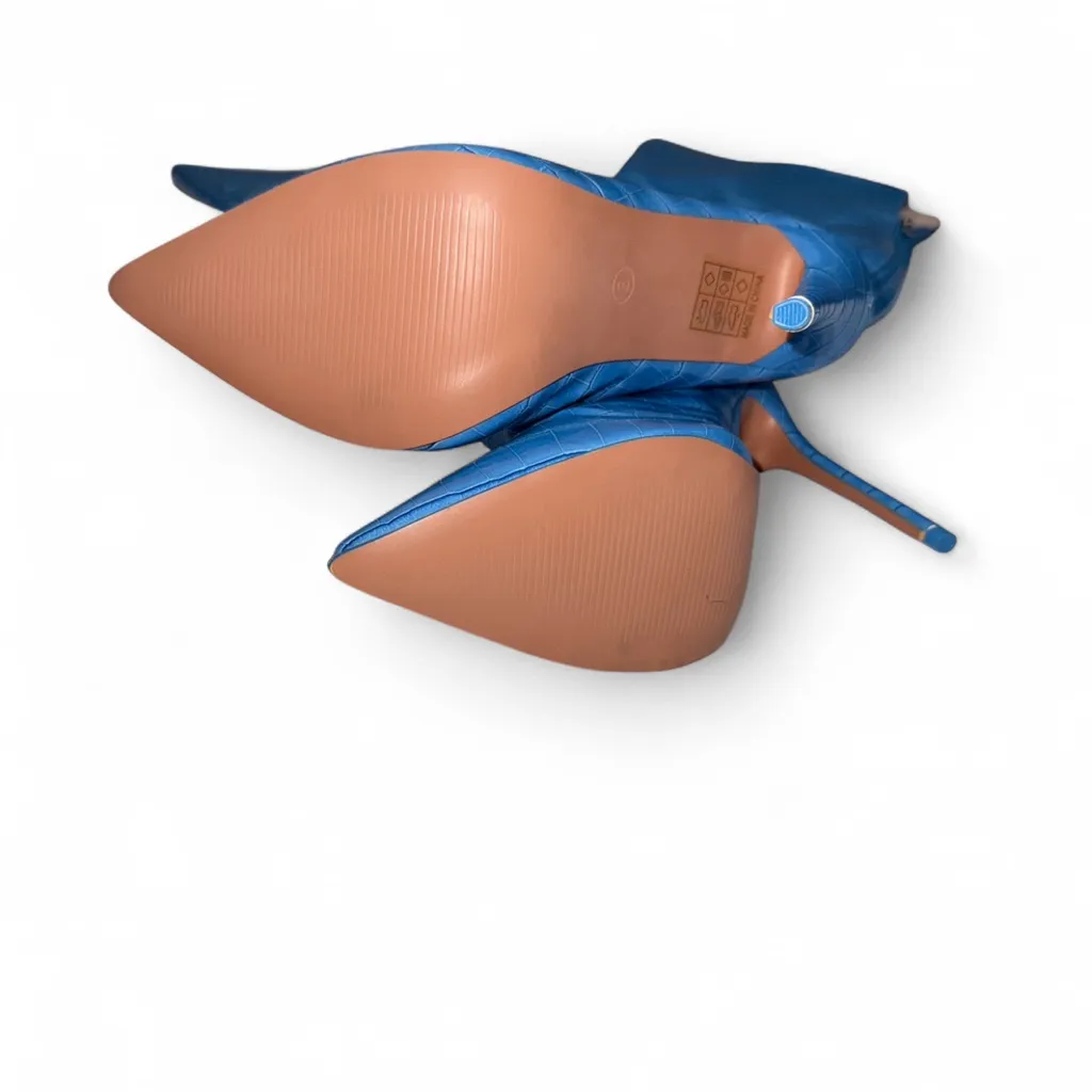 PrettyLittleThing Shiny Bright Blue Thigh High Croc Print Stiletto Boots - Image 2