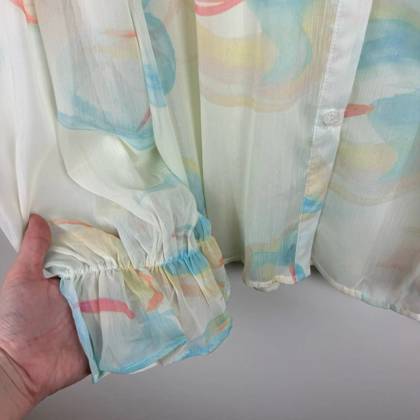 Karlie‎ Womens Multicolor Watercolor Sheer Long Sleeve Blouse with Ruffle Sz O/S - Image 5
