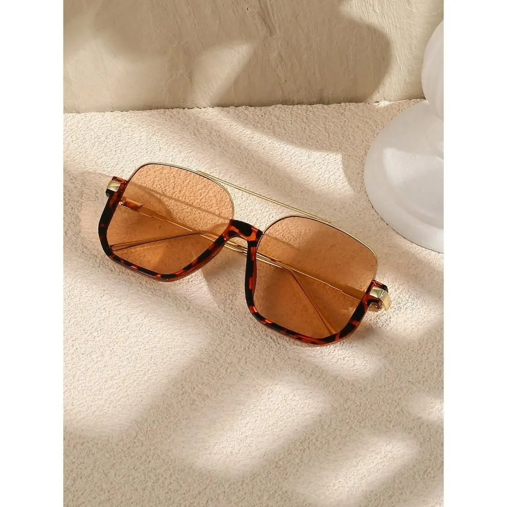 Unisex Gold Leopard Frame Brown Oversized Aviator Sunglasses for Square Double - Image 5