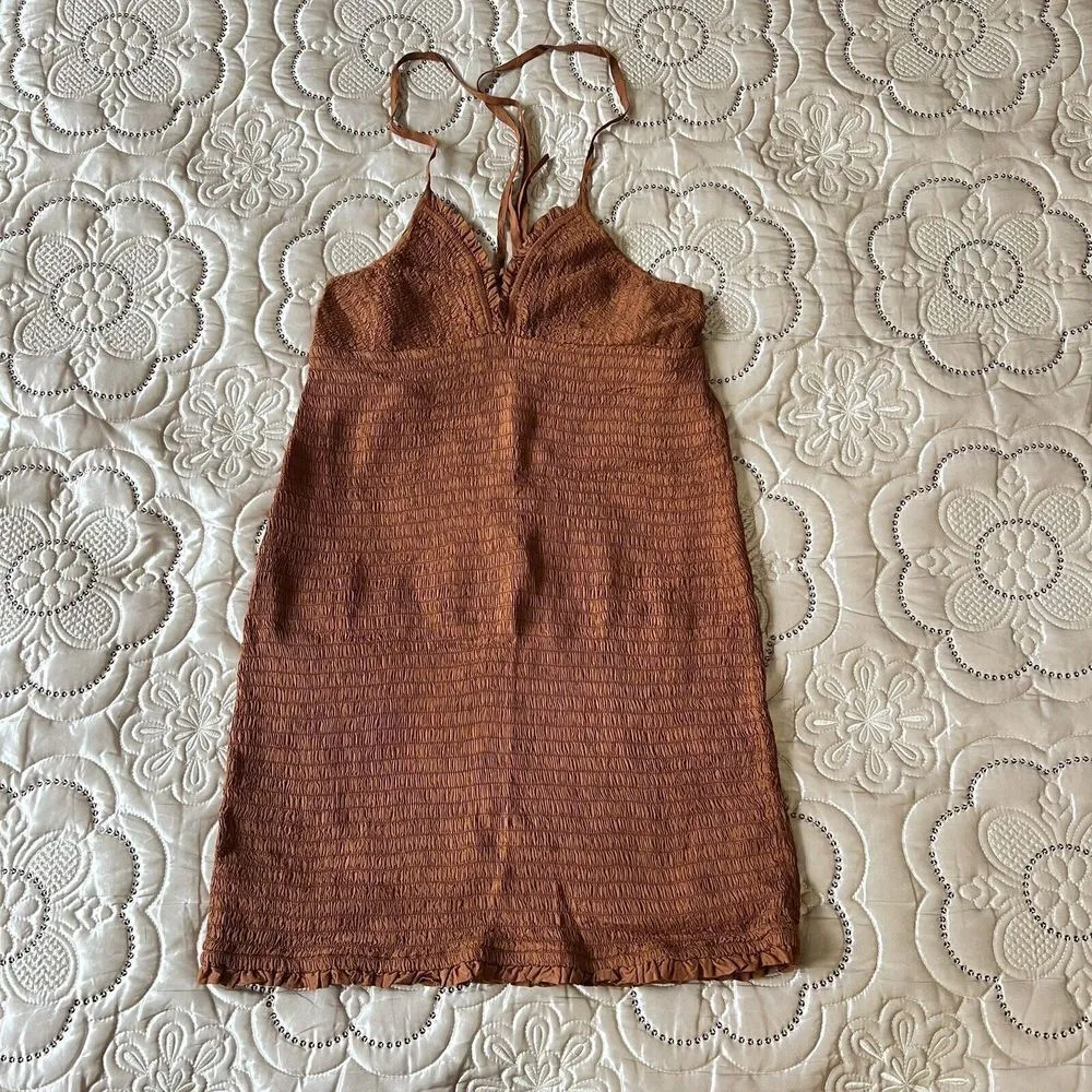 Anthropologie The Ellen Mini Dress Ruched Smocked Bodycon Sleeveless Brown L NEW - Image 6