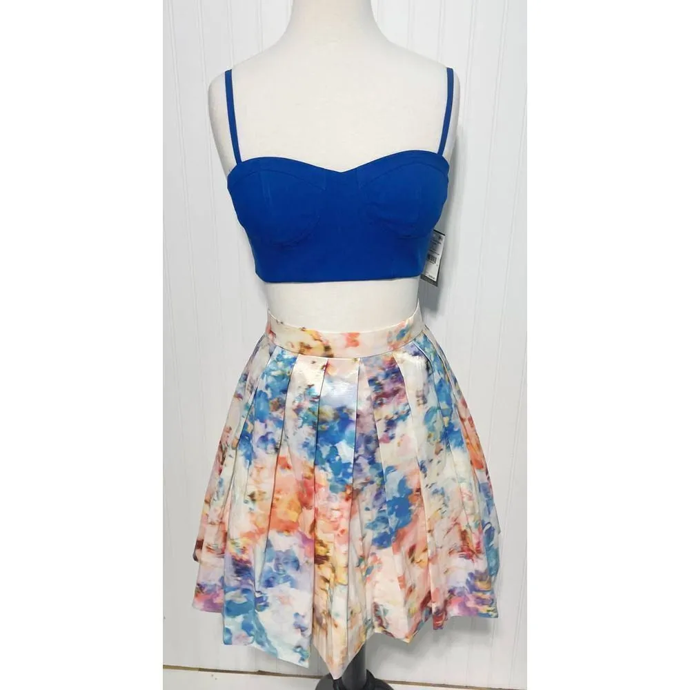Aqua Bustier Crop Top Pleated Skirt Cutout Mini‎ Dress Marble Print Blue White 6 - Image 16