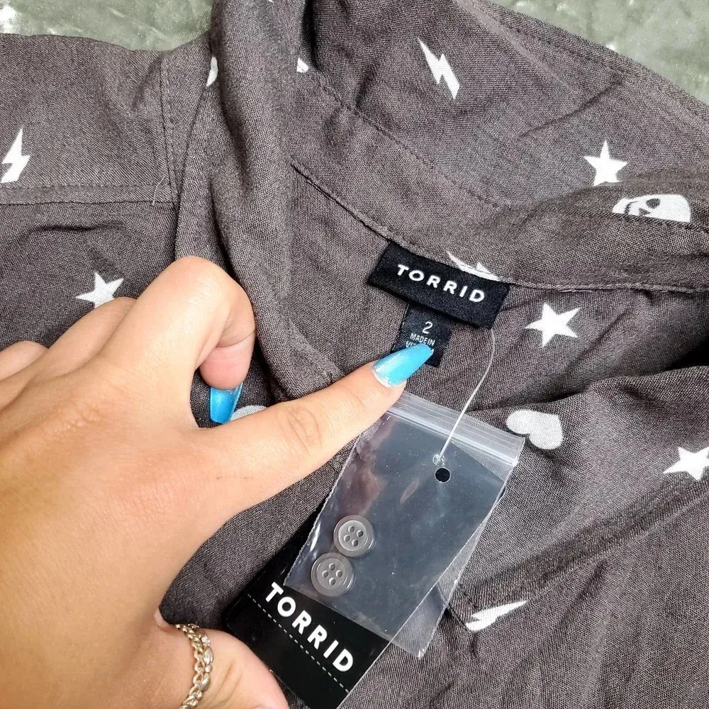 Torrid Dark Grey Scattered Gem Button Up Blouse - Image 6