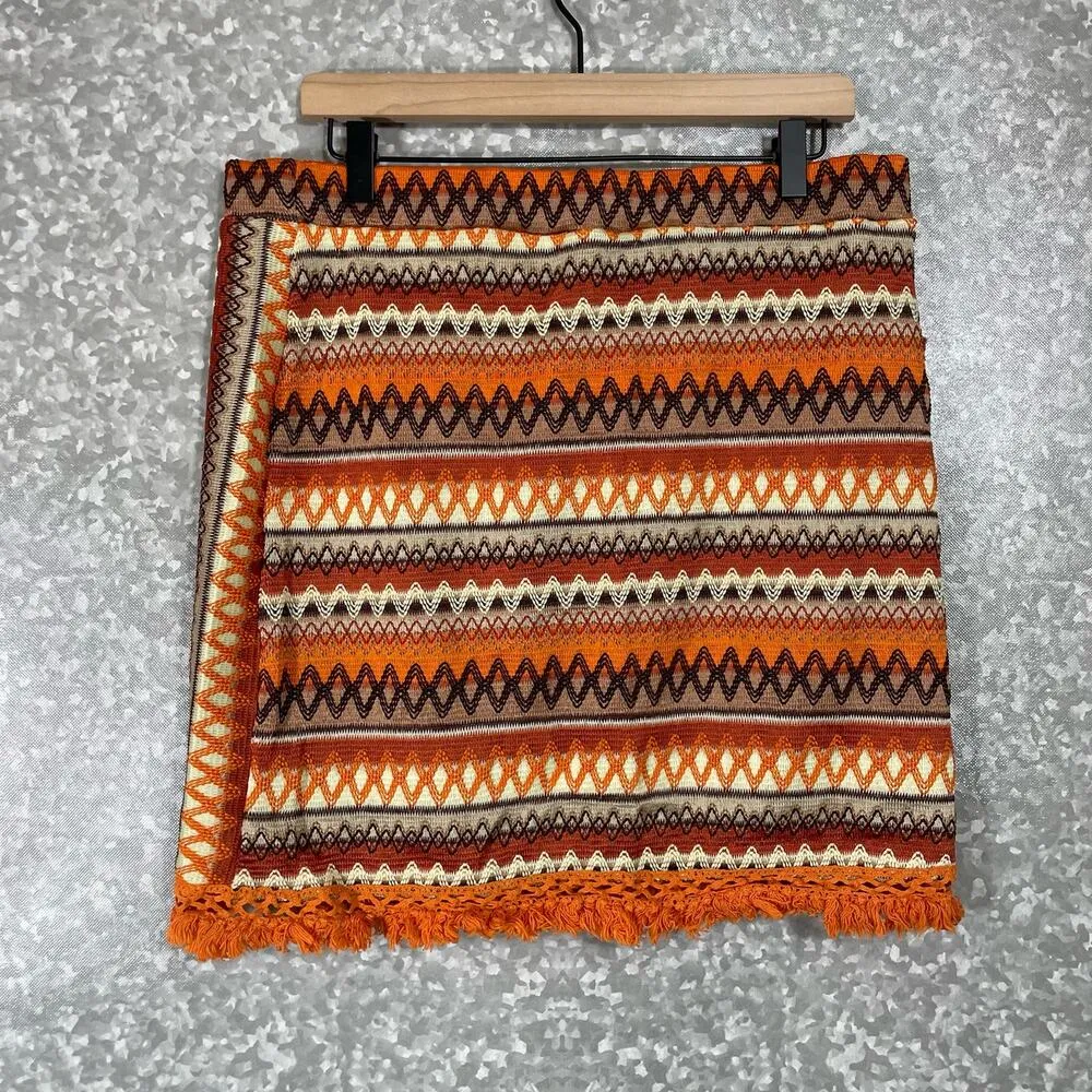 Shein Curve Women's Orange Boho Embroidered Tribal Skirt - Size 2XL - Fringe Hem - Image 7