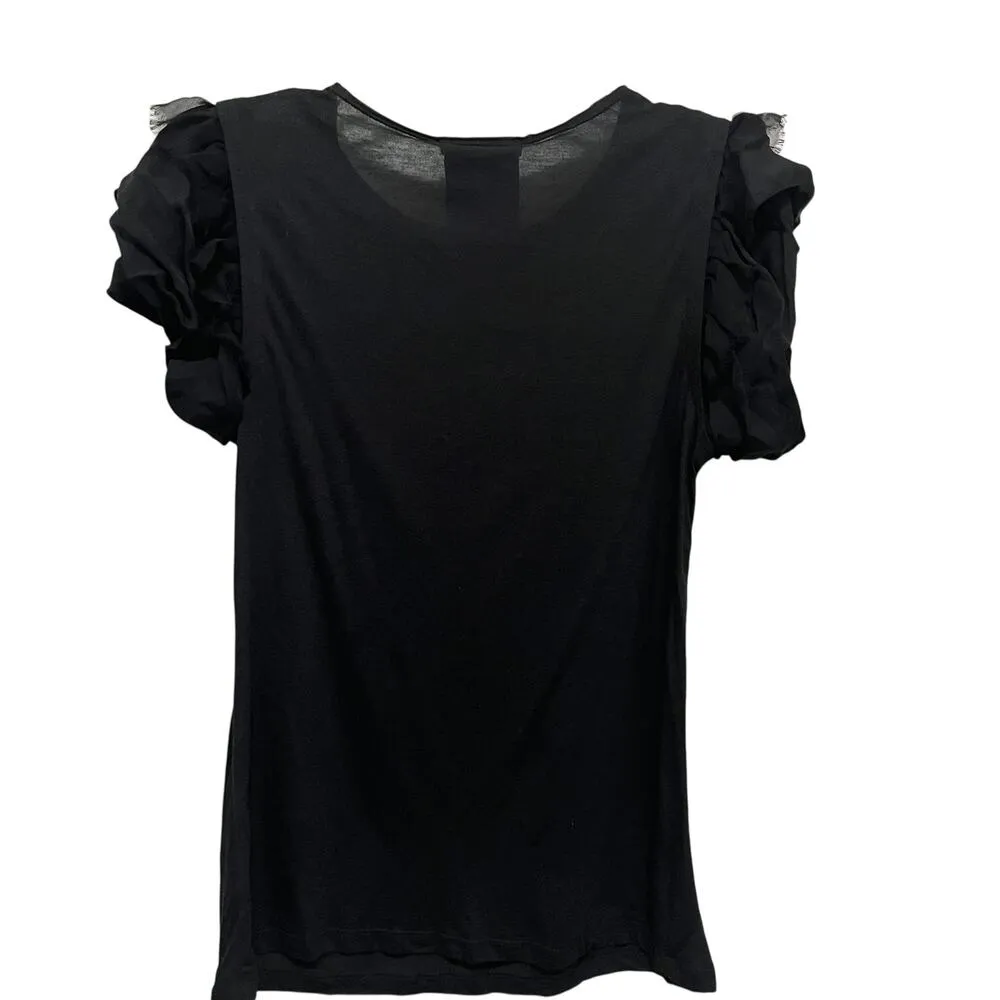 Alice + Olivia Black Short Ruffle Puff Sleeve Round Neck Blouse Size Medium - Image 5