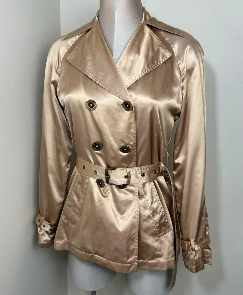 MICHAEL KORS Petite Satin Animal Lining Trench Coat Size PS Small Tan - Image 7
