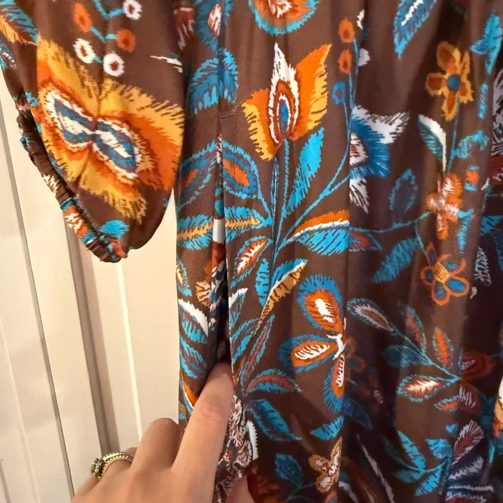 J.McLaughlin Mercer silk blend cinch waist brown floral midi dress M - Image 6