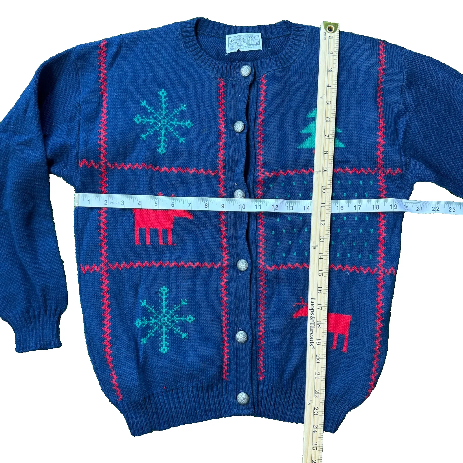 Vintage Pendleton Wool Holiday Sweater Cardigan Size M Navy Metal Buttons USA - Image 7