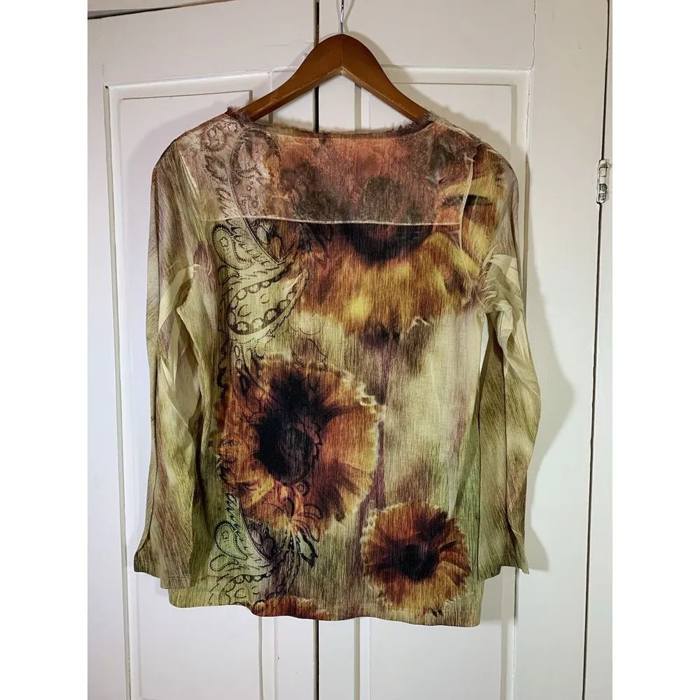 Chicos 0 Blouse Top Small Brown Floral Stretch‎ Embellished Lace Feathers Shirt - Image 4