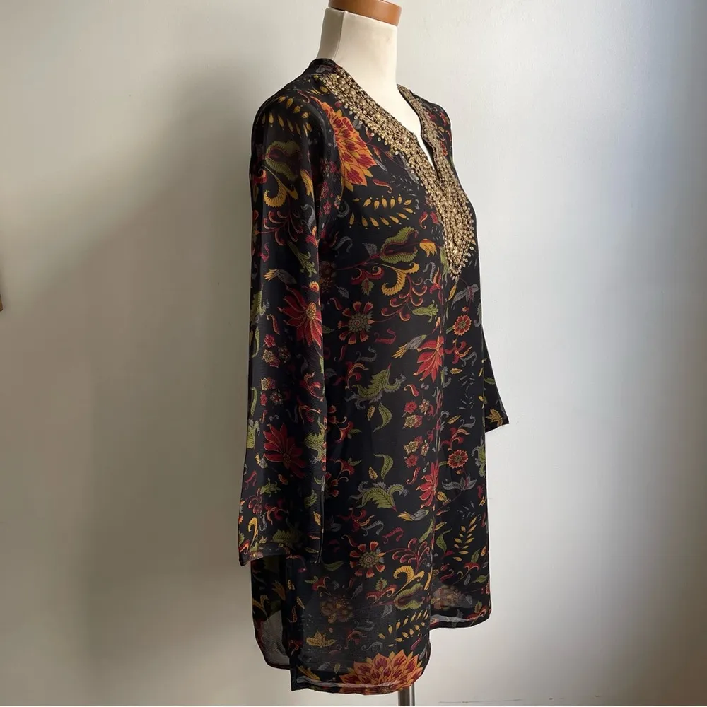 Biba Silk Chiffon Indian Kurta Sequin Floral Black Red Green Gold Size 38 Medium - Image 5