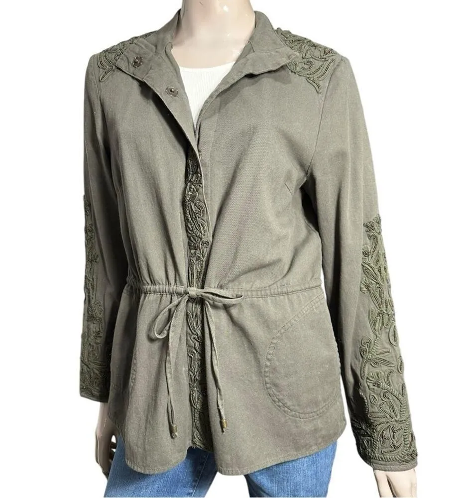 Love Sam L Olive Green Travis Cargo Beaded Embroidered Military Snap Up Jacket - Image 6