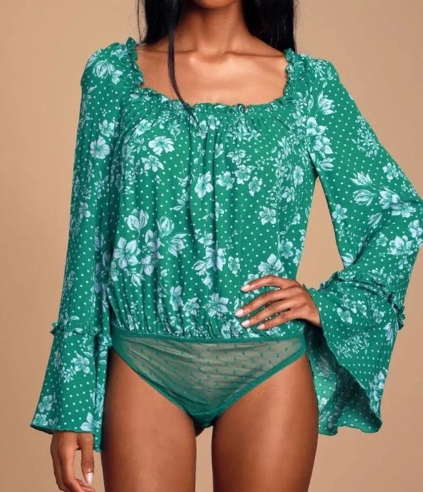 NWT Free People One on One Date bell sleeve polka dot floral Bodysuit emerald - Image 3