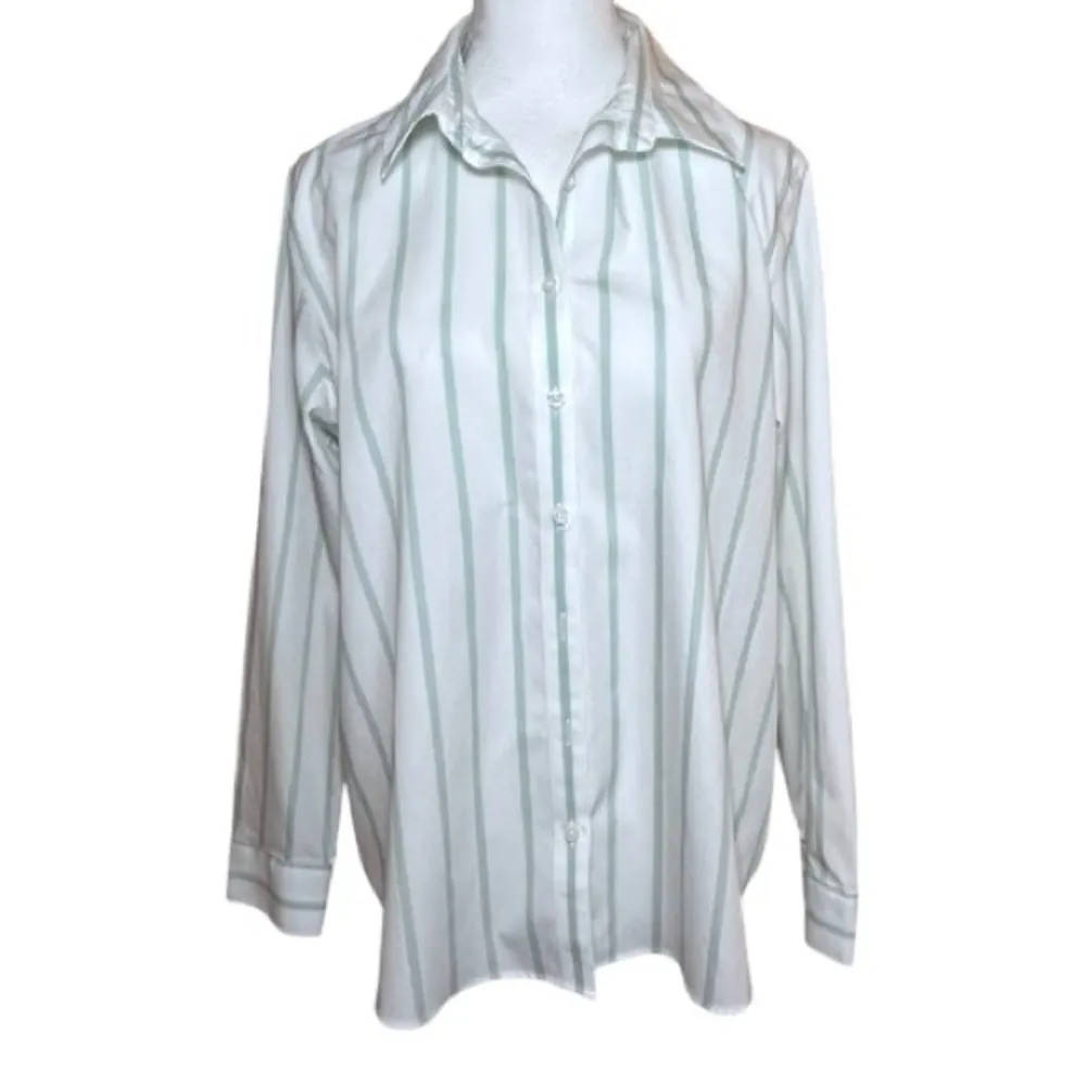 Lands' End Women's No Iron Cotton Long Sleeve White and Green Striped Shirt 14 P - Image 7