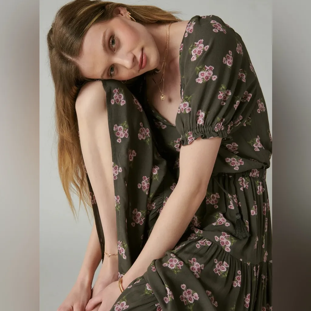 NEW Lucky Brand Boho Maxi Floral Dress Tiered Brown Pink Tassels Cottage XS - Image 2