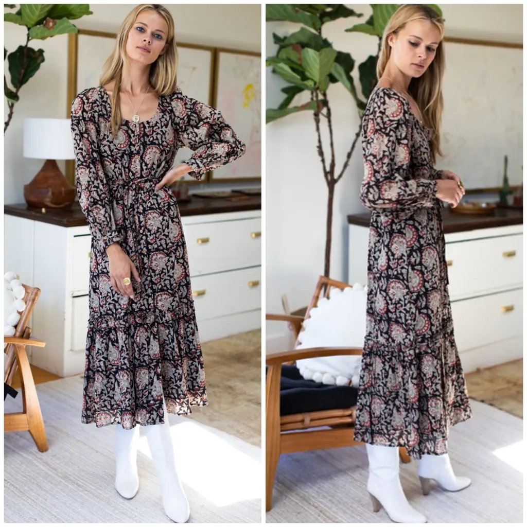 Emerson Fry Lucy Lake Ling Sleeve Maxi Dress Thalia Organic Block Print Sz XS Black - Image 2