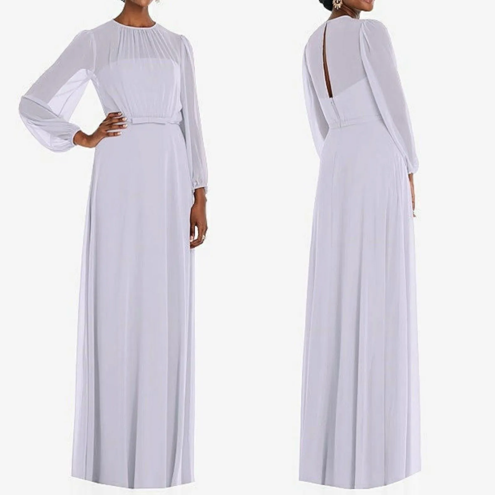 Dessy Collection Blue Silver Chiffon Gown Size 0 Dress Puff Sleeve Cottagecore - Image 2