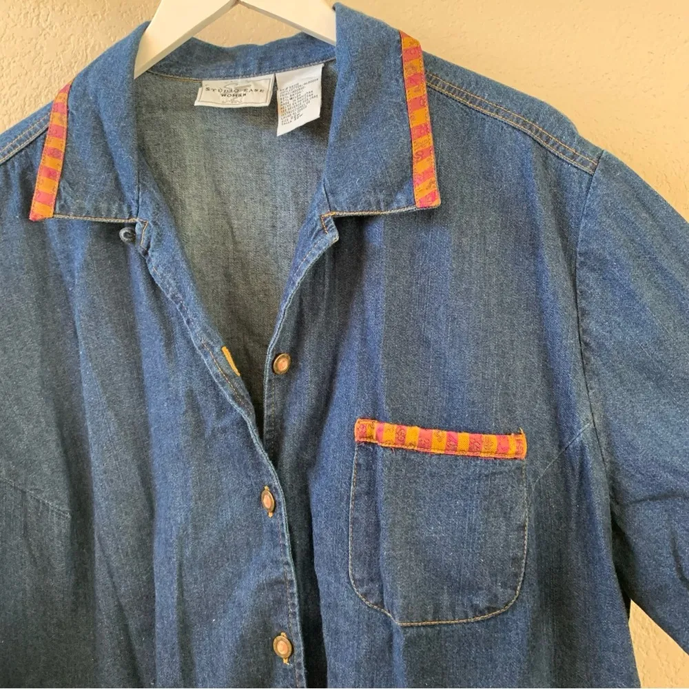 Vintage 90s Denim Patchwork Trimmed Oversized Button Up Women’s Size 22W Blue - Image 4