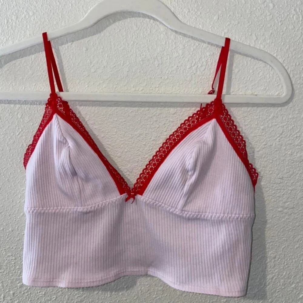 Victoria’s Secret Cropped Cami Bralette Lace Trim Plunge V-Neck Pink Red Medium - Image 2