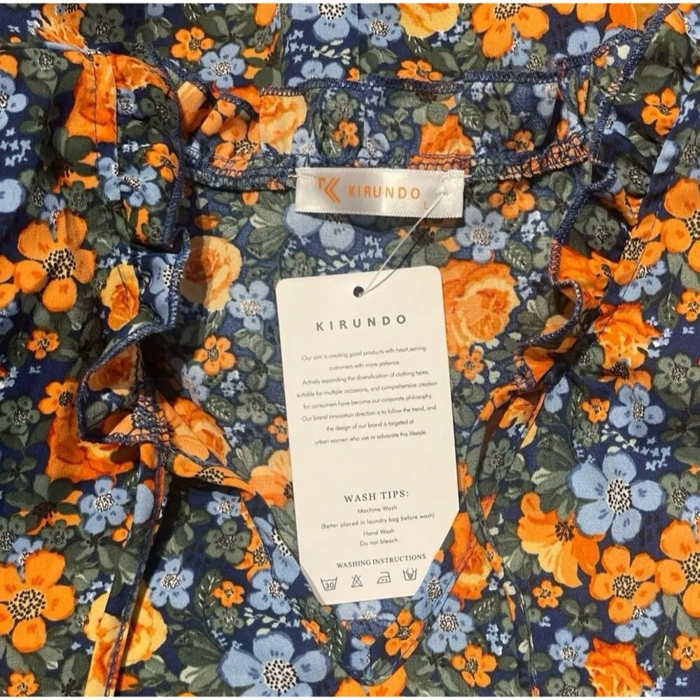 KIRUNDO Long Sleeve Boho Floral Print Casual Loose Dress Size L New With Tag Blue Size L - Image 6